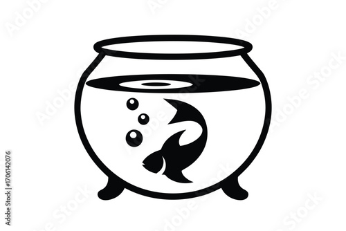 Simple line drawing of a fish in a round bowl with bubbles