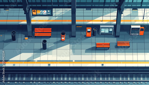 Quiet urban morning at a pixel art train station platform, a nostalgic and empty scene representing the beginning of a journey