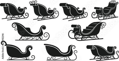 Elegant black sleigh silhouette collection with ornate vintage designs, festive holiday decoration elements, winter transport icons, Christmas vector illustration set