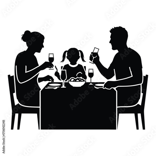 Family silhouette toasting drinks at dinner table celebration joyful meal silhouette