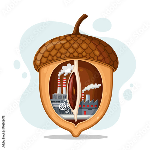 Industrial factories inside an acorn symbolizing industry and nature.
