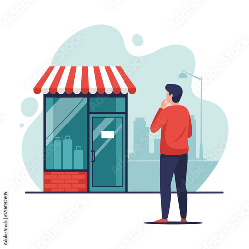 Man Standing Outside Small Business Storefront Thinking.