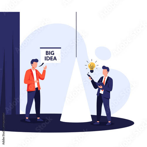 Two businessmen presenting a big idea with a light bulb symbolizing innovation.