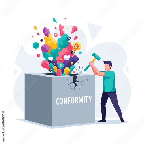Man breaking conformity box with hammer releasing colorful ideas.