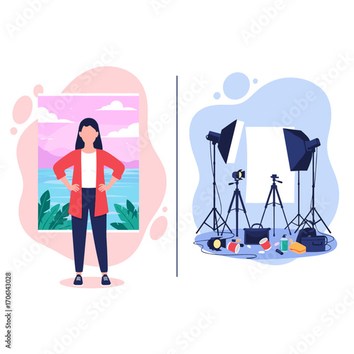 Creative woman and professional photography studio setup illustration.