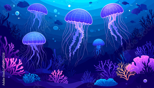 Ethereal swarm of bioluminescent jellyfish drifting through a mystical underwater world of the deep blue sea