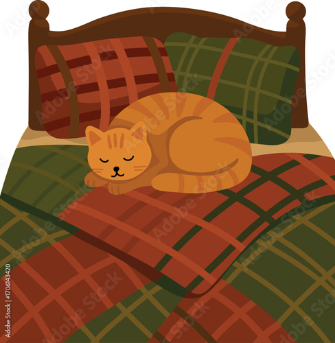 Illustration of Orange Cat Sleeping on Bed