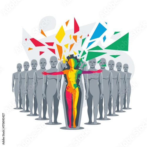 Colorful human figure exploding with ideas surrounded by gray figures.