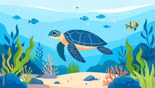 Vibrant underwater scene featuring a majestic sea turtle swimming among colorful coral reefs and diverse marine life in clear blue ocean water