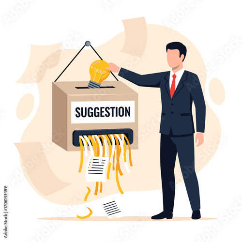 Man Shredding Ideas in Suggestion Box.