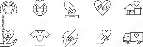 Donation Item line Icon Set .  volunteer, support,  box, money, food, clothes, community, social, kindness, gift, medical, blood, non-profit  . Vector Illustration	
