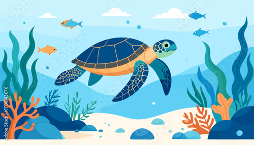Sea Turtle in its Natural Habitat amidst Marine Flora and Fauna Illustration