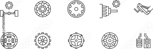 Gear and car break Thin line Icon Set . Auto, machine, industry, concept, metal, system  . Vector Illustration	
