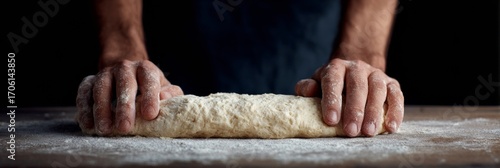 Rustic hands knead dough with flour dust clouds, invoking Lammas baking rituals and Slow Food Movement craftsmanship