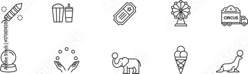 Circus Thin line Icon Set . clown, fair, party, magic, juggling, animal, leisure, celebration,  . Vector Illustration	
