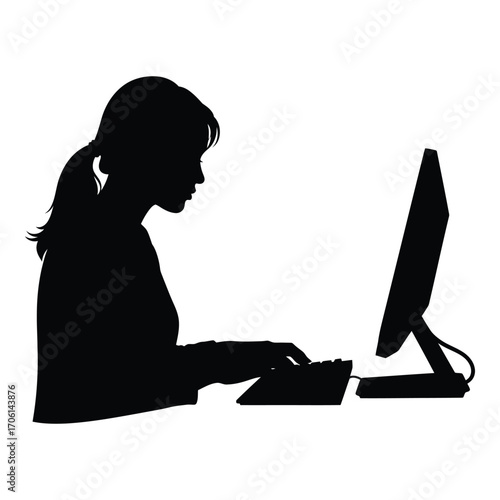 Silhouette of a woman working on a computer keyboard at a desk silhouette