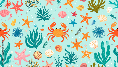 Vibrant seamless pattern of cute ocean life creatures. Underwater cartoon background with crab, starfish, seashell, and seaweed elements