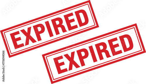 Red Ink Expired Stamps on White, Angled Rectangles with Worn Edges & Bold Text