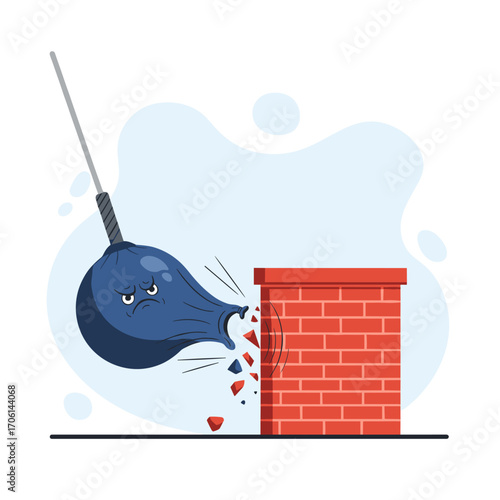 Demolition ball destroying brick chimney with angry face.