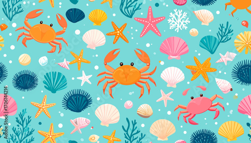 Sea Life Seamless Pattern Crabs, Starfish, and Shells on a Teal Background