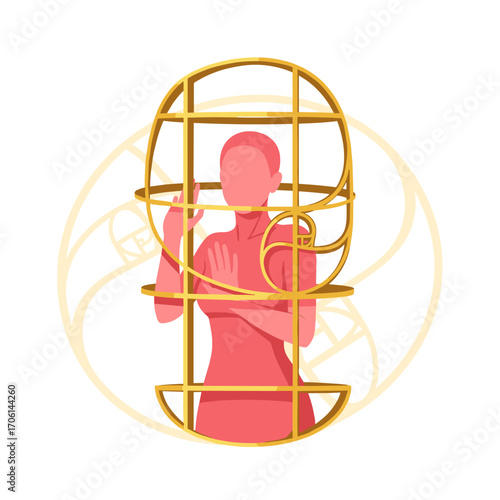 Person trapped in golden cage representing mental confinement.