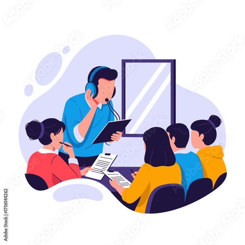 Teacher giving lesson to students in classroom.