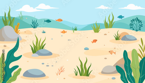 Lively and serene underwater ecosystem illustration with a sandy bottom, various green sea plants, smooth rocks, and playful small fish, depicting a peaceful ocean floor scene