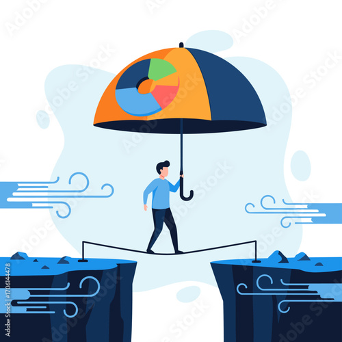 Man Walking on Tightrope Under Umbrella Symbolizing Risk Management.