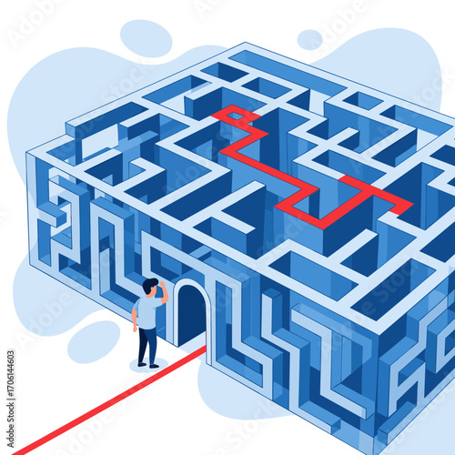Man standing at entrance of complex blue maze with red path showing solution.