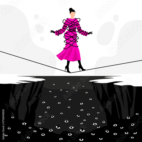 Woman balancing on tightrope over abyss with eyes watching.