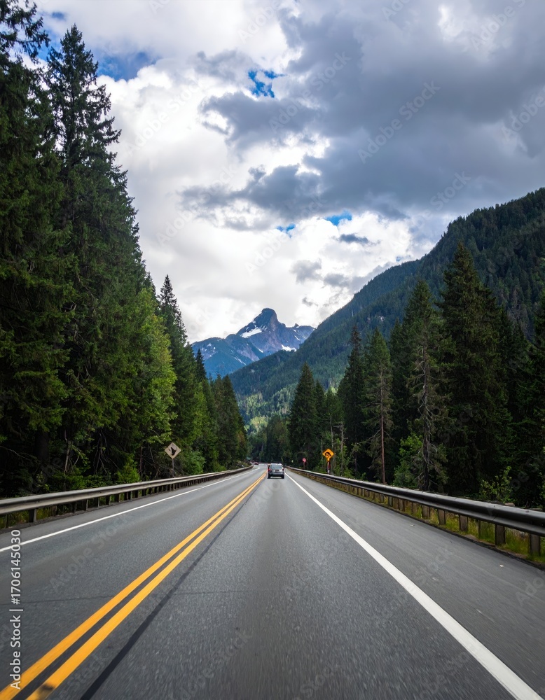 Fototapeta premium Point-of-view driving a car on a highway through a forest with mountains in the distance