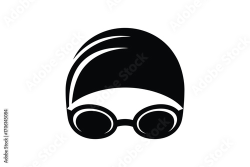 Simple black and white icon of a swimmer s cap and goggles