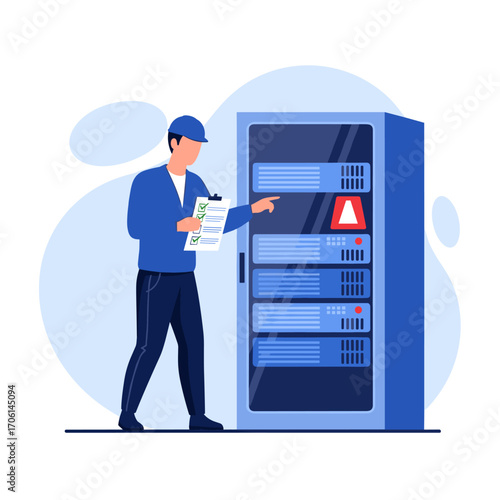 IT technician checking server rack with warning light.