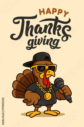 Thanksgiving greeting card with cartoon turkey rapper. Vector illustration. Cool Turkey bird character in glasses and cap.