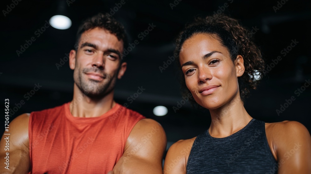 Obraz premium Two people, a male fitness enthusiast and a female athlete, are posing together, both with determined expressions, against a backdrop of sports equipment.