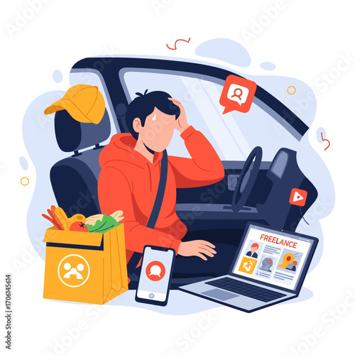 Stressed Delivery Driver Working Multiple Gigs From His Car.