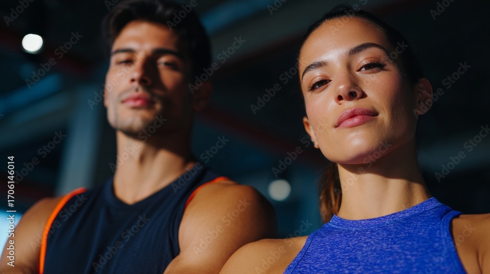 Obraz premium A fit couple posing in an indoor gym.