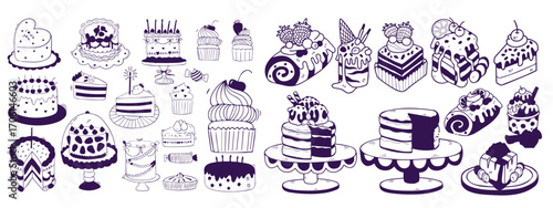 Set of stylized cakes, tarts and cupcakes. Hand drawn cartoon vector black and white sketch illustration