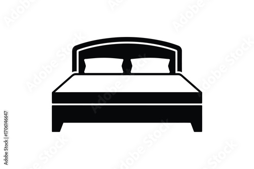 Simple black and white icon of a double bed with pillows