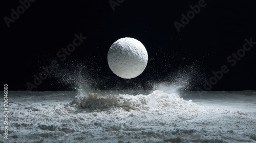 A white ball suspended above a pile of white powder, with a splash frozen in time against a stark black backdrop