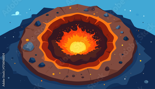 Volcanic Crater A fiery heart of the earth, illustration