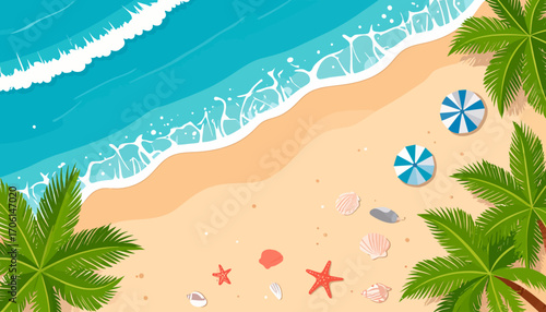 Aerial top view of a serene tropical paradise beach with azure ocean waves, sandy shores, and palm trees for a summer vacation