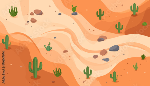 Expansive and Colorful Desert Landscape Illustration with Stylized Sand Dunes, Various Green Cacti, and Scattered Rocks, Capturing the Arid Beauty of Nature