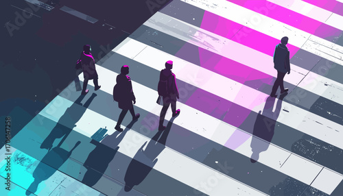 High-angle illustration of anonymous figures casting vibrant shadows on a futuristic crosswalk with a glowing pink stripe