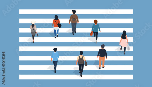 Aerial top-down view illustration of diverse people, men and women, walking across a striped pedestrian crosswalk on a city street