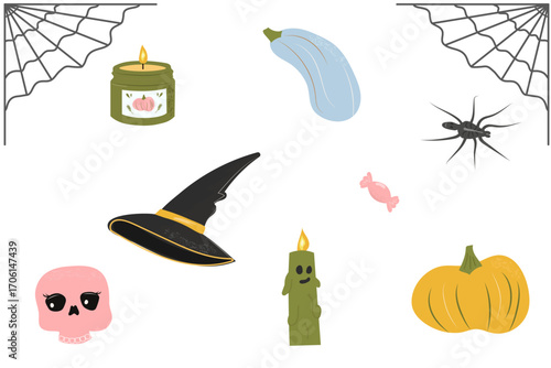 A set of scary items for celebrating Halloween. Vector graphics.
