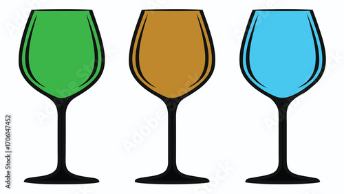 Set of three colorful wine glasses with green brown and blue glass on white background
