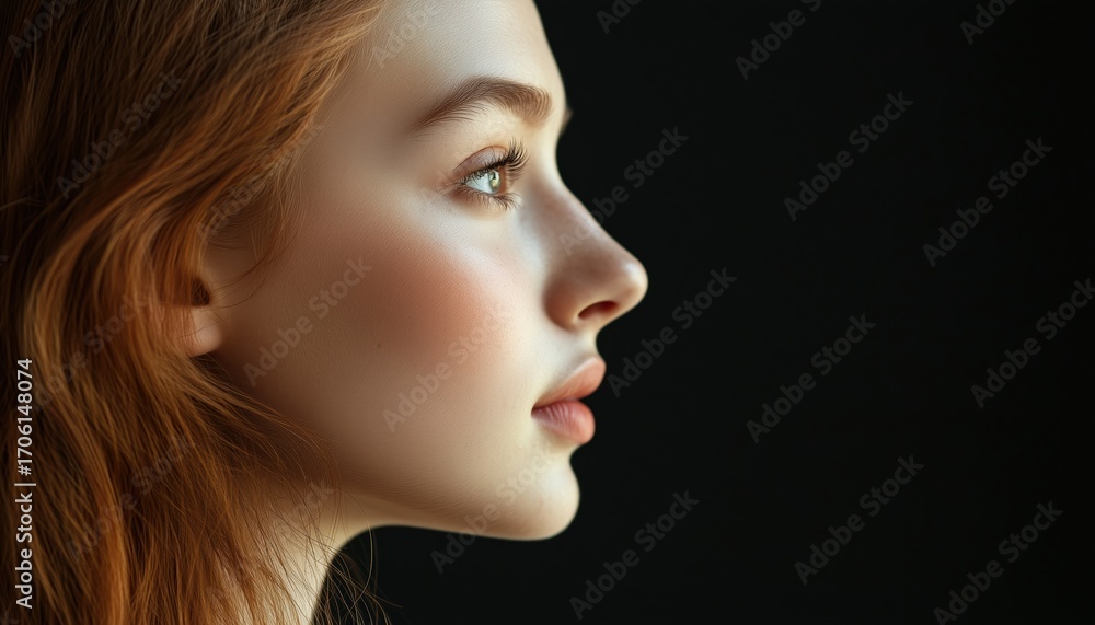 Fototapeta premium Close-Up Profile Shot Of A Stunning Young Woman In Side View Against A Black Background, Capturing Her Beauty Up Close.