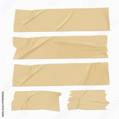 Vector illustration set of beige adhesive tape strips isolated on transparent background, realistic sticky masking tape collection for design, repair, office, stationery and decoration projects