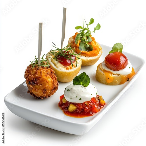 Assorted appetizers with crunchy croquettes fresh vegetables creamy cheese and colorful garnishes served on a modern white plate for gourmet snack presentation
